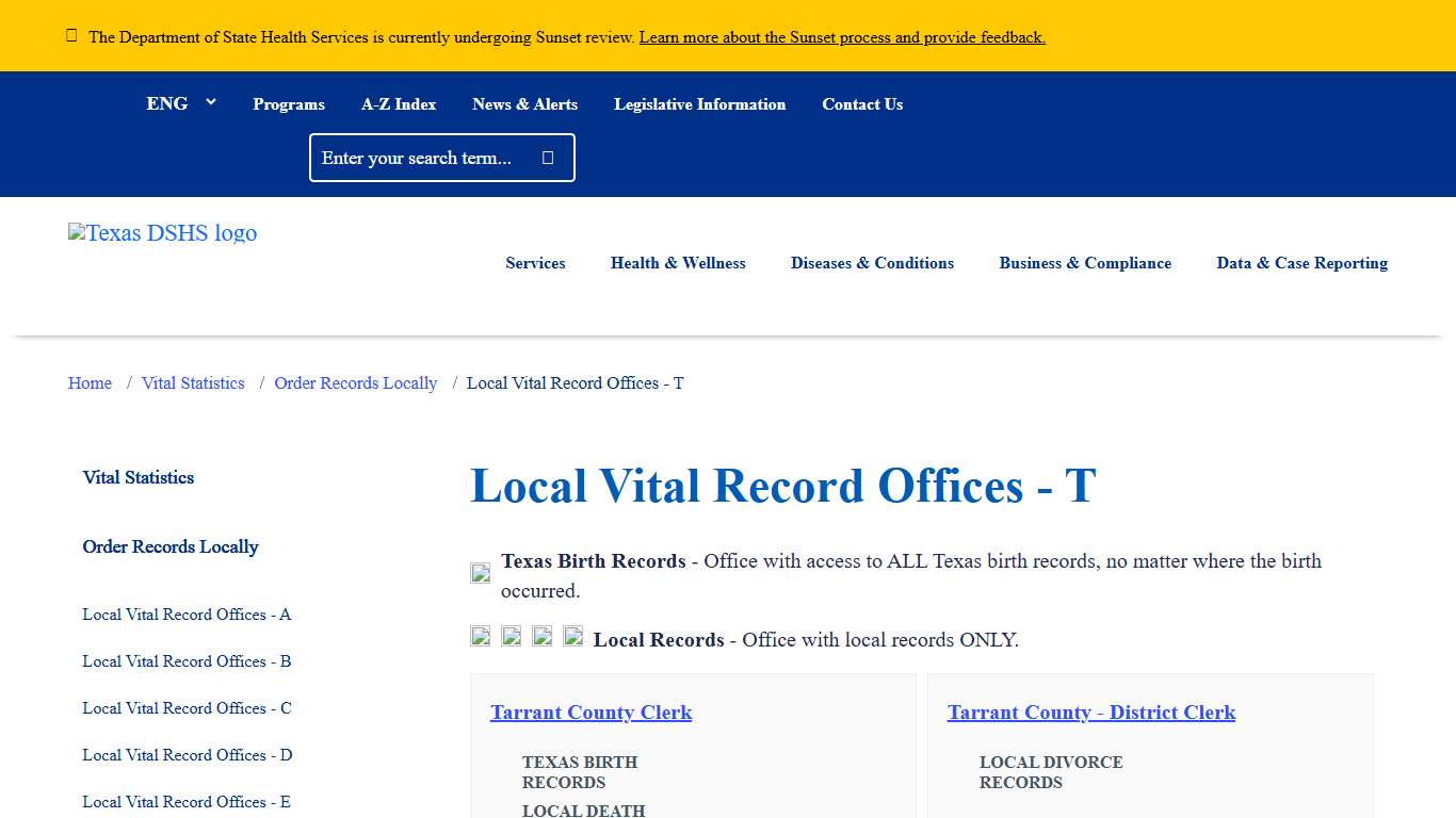 Local Vital Record Offices - T Texas DSHS