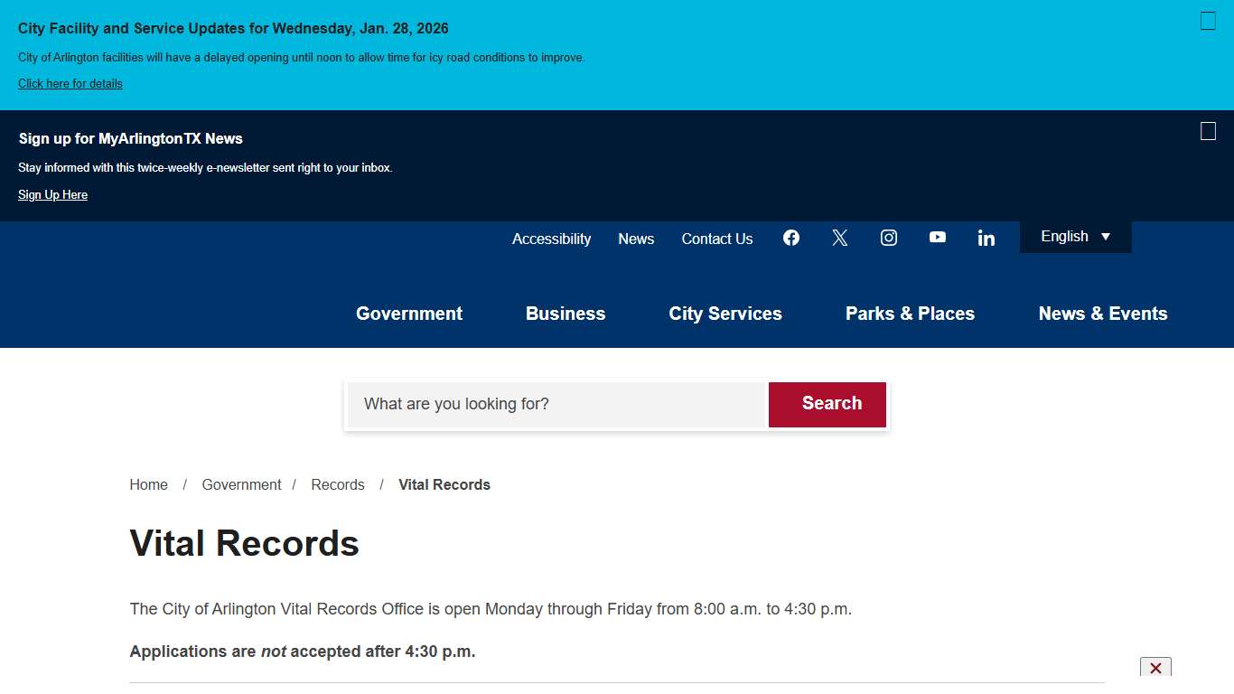 Vital Records City of Arlington, TX